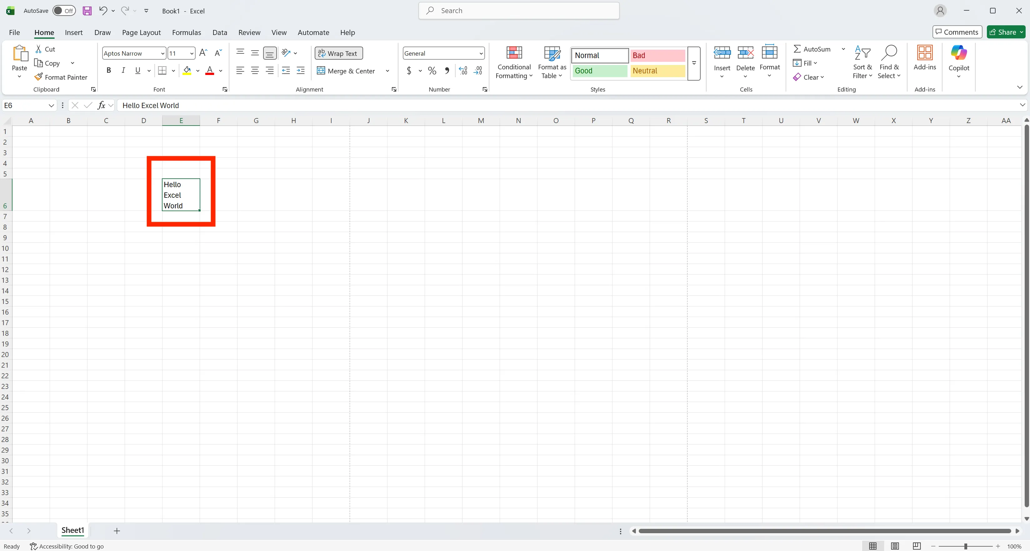 Excel cell with text split into three lines using Alt Enter manual line breaks