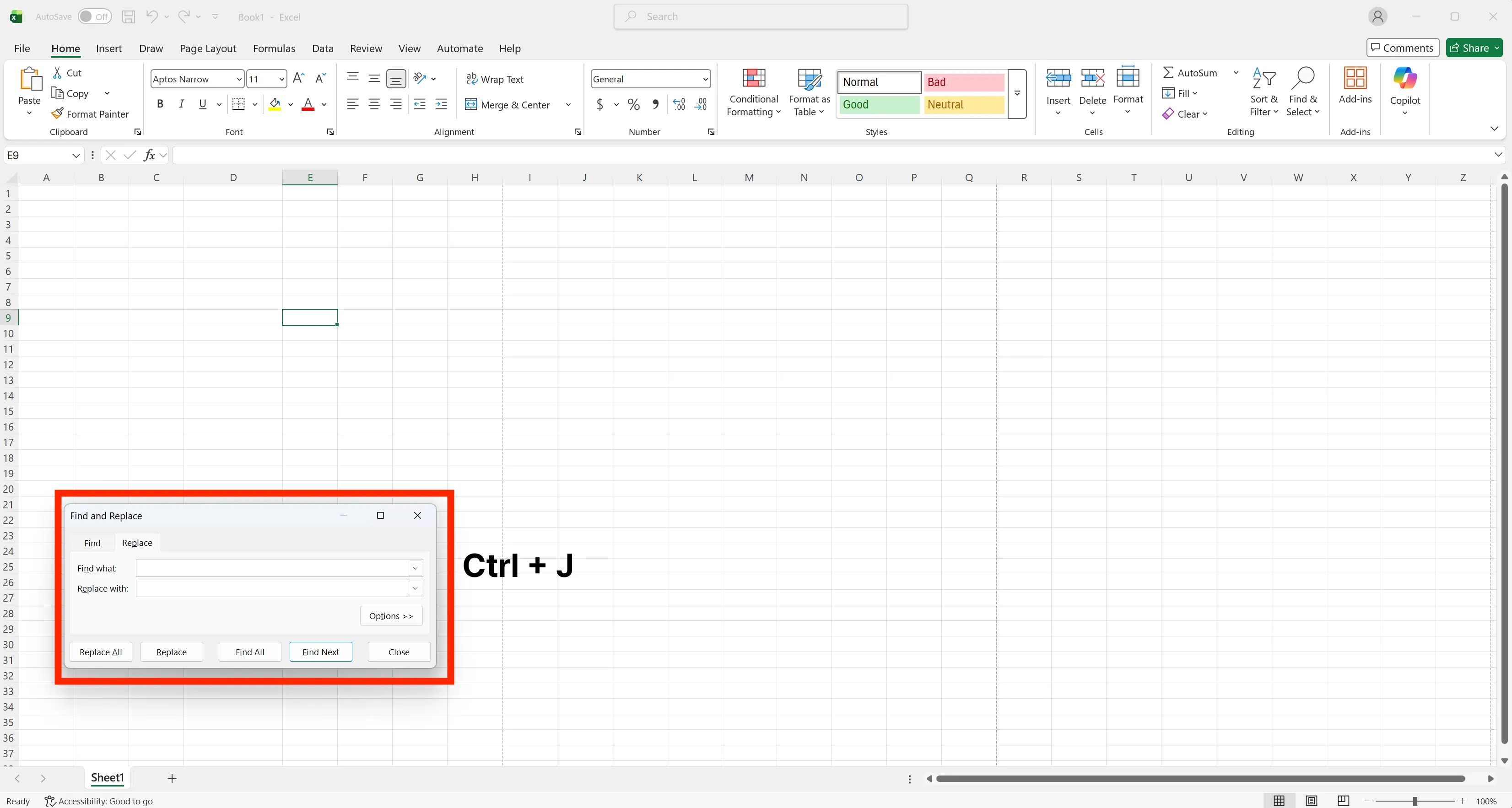 Excel Find and Replace dialog with Ctrl J shortcut to find line break characters