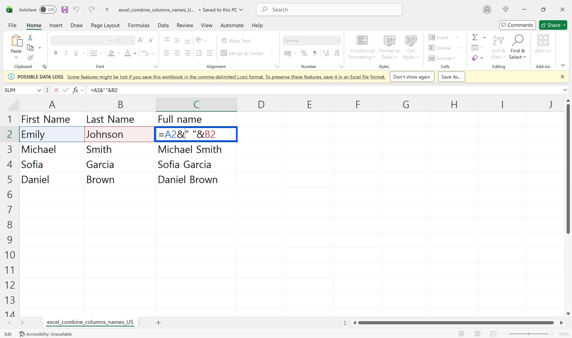 Ampersand formula combining First Name and Last Name into Full Name in Excel