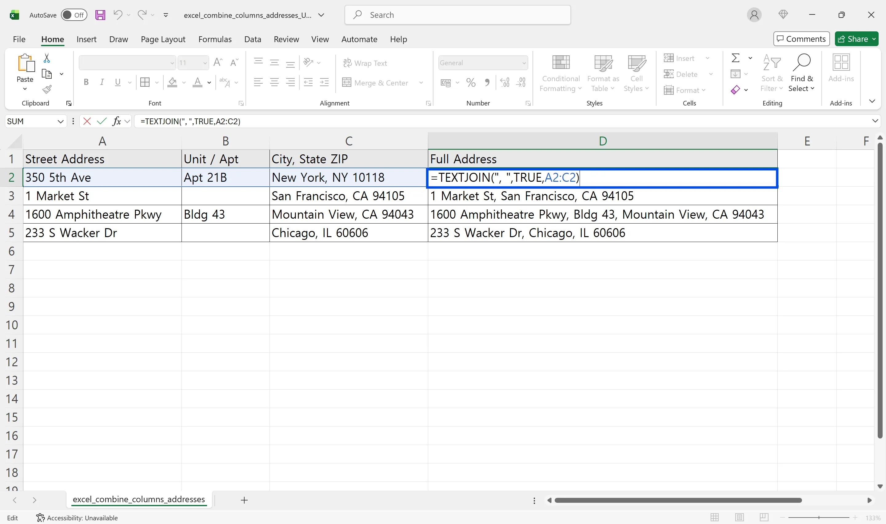 TEXTJOIN formula combining address fields while skipping blank cells with ignore_empty set to TRUE