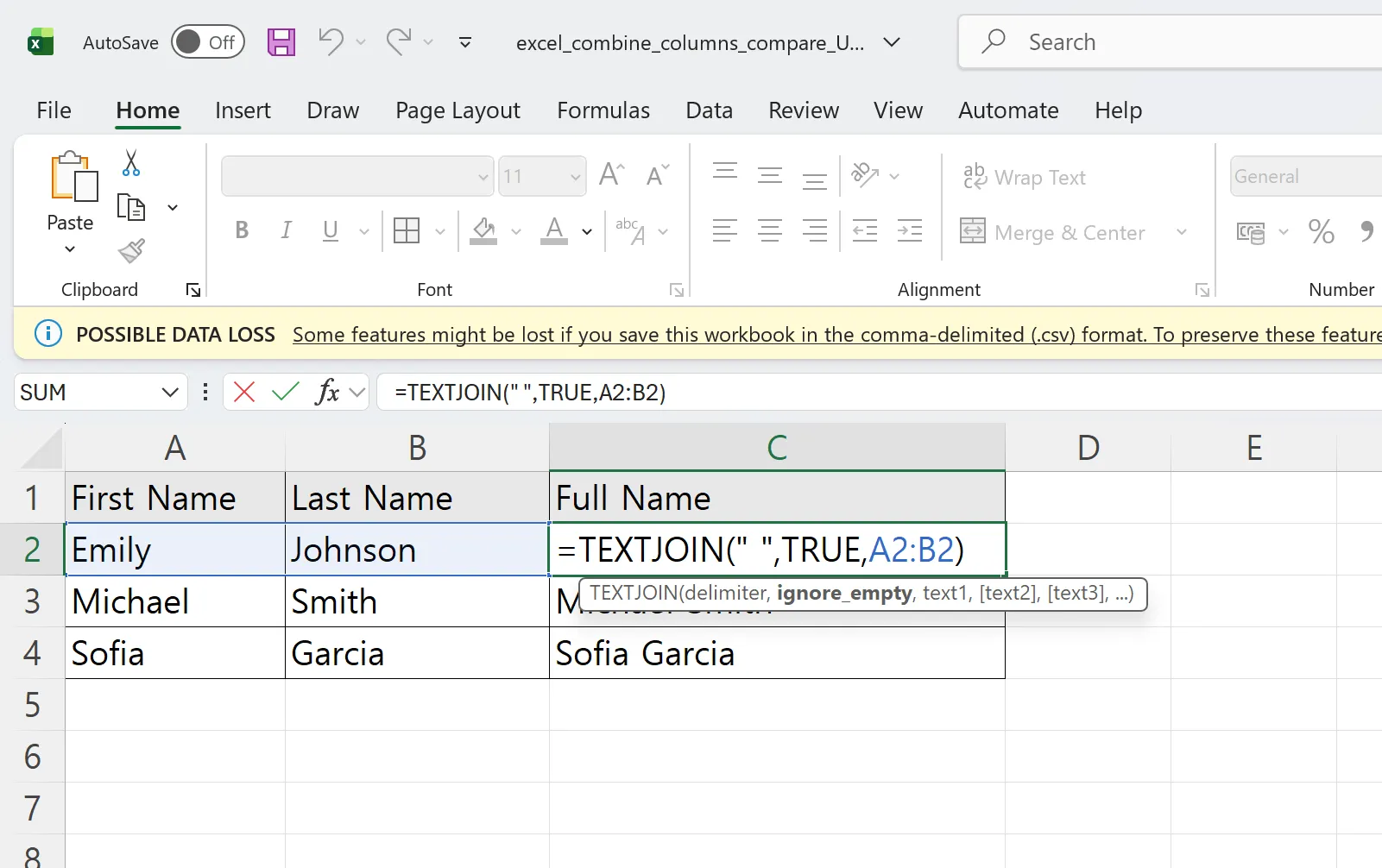 TEXTJOIN formula with syntax tooltip showing delimiter and ignore_empty parameters in Excel