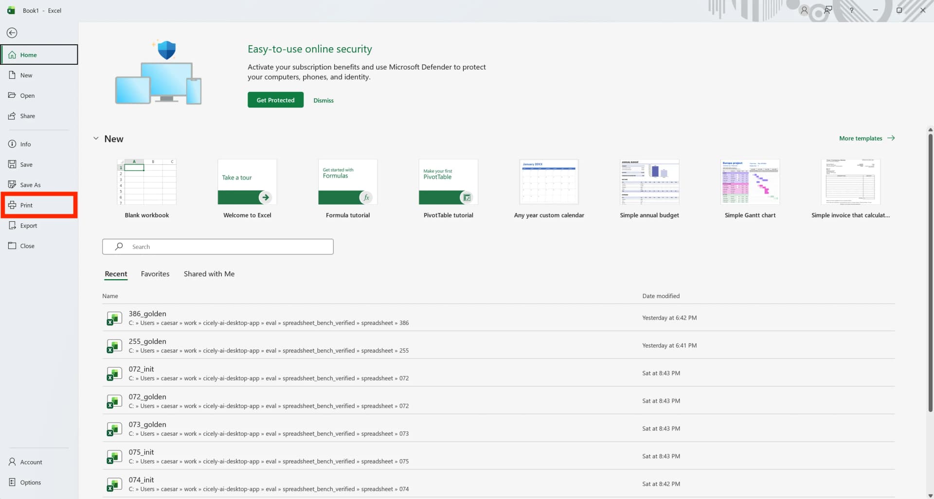 Excel File menu with Print option highlighted in the left sidebar