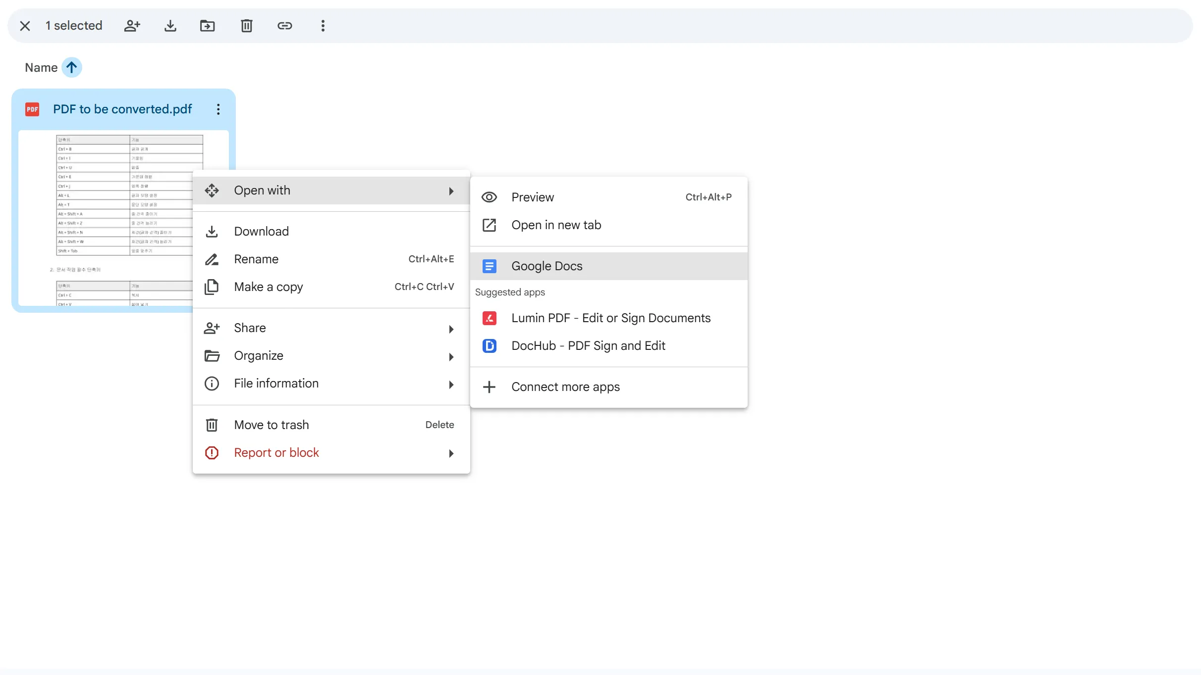 Google Drive right-click menu showing Open with Google Docs option for a PDF file