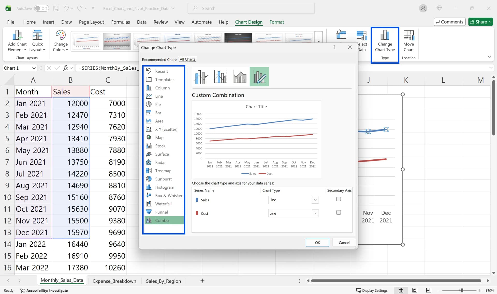 Change Chart Type dialog with Combo selected showing Sales and Cost as line series