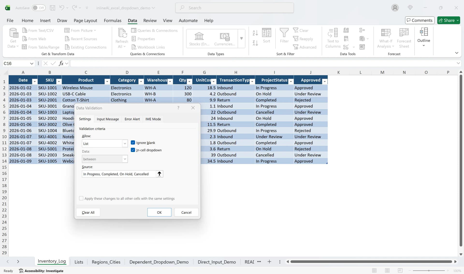 Editing an Excel drop-down list by modifying the Data Validation Source field on an inventory sheet
