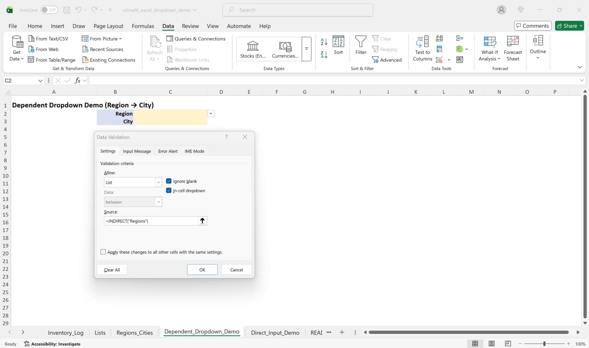 Data Validation dialog using INDIRECT function to create a dependent drop-down list in Excel