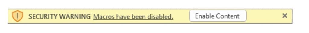Excel security warning bar displaying Macros have been disabled with Enable Content button