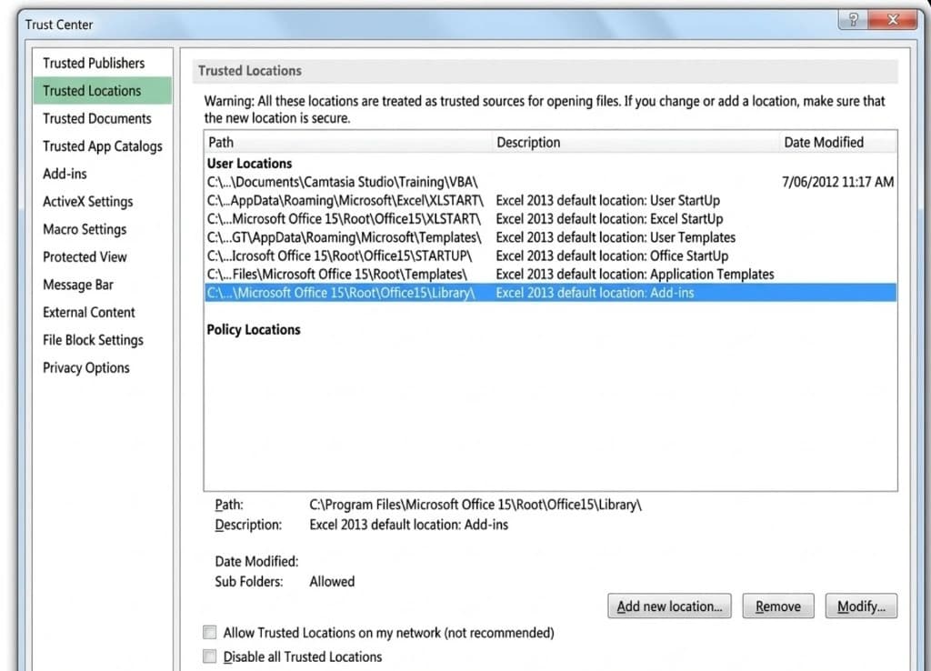 Trust Center Trusted Locations panel showing registered folder paths and Add new location button