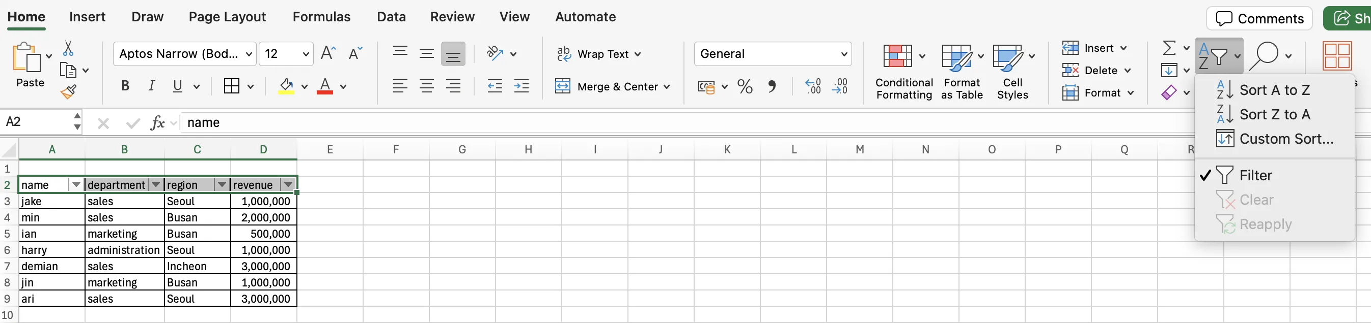 Excel ribbon showing Sort and Filter menu with Auto Filter enabled on a data table