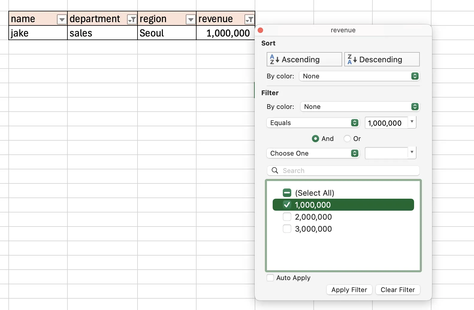Revenue filter set to Equals 1,000,000 showing one matching row