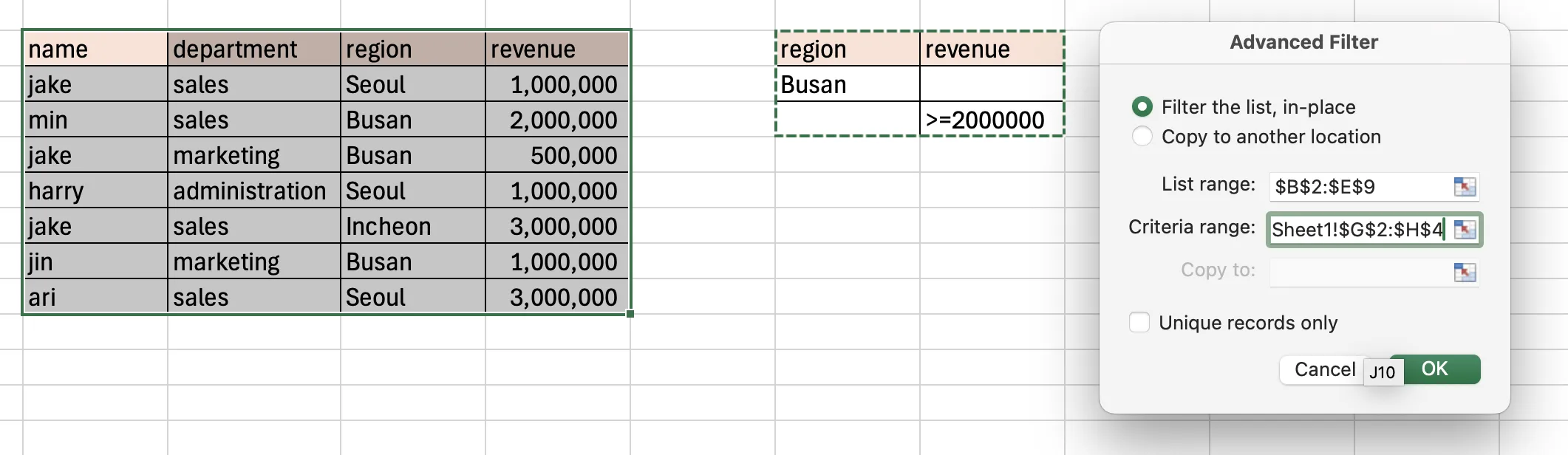 Advanced Filter criteria range with OR condition filtering by region or revenue threshold