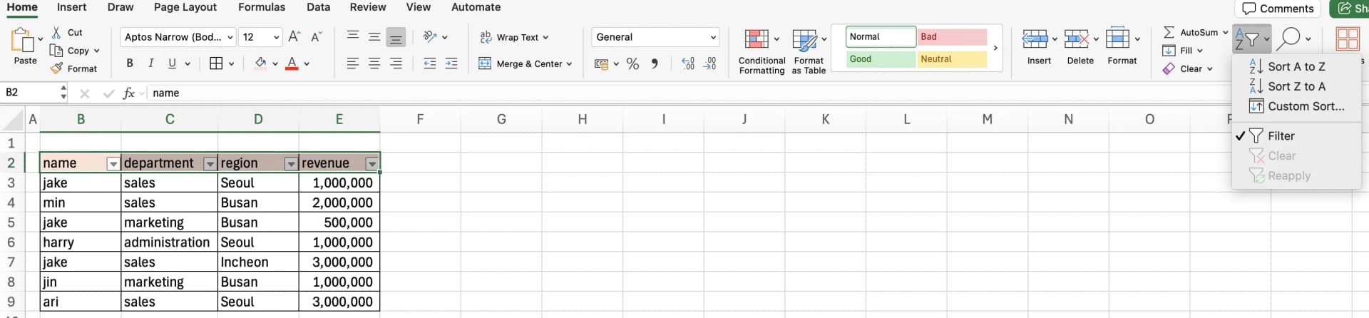 Excel Home ribbon showing Sort and Filter options with Clear and Reapply buttons