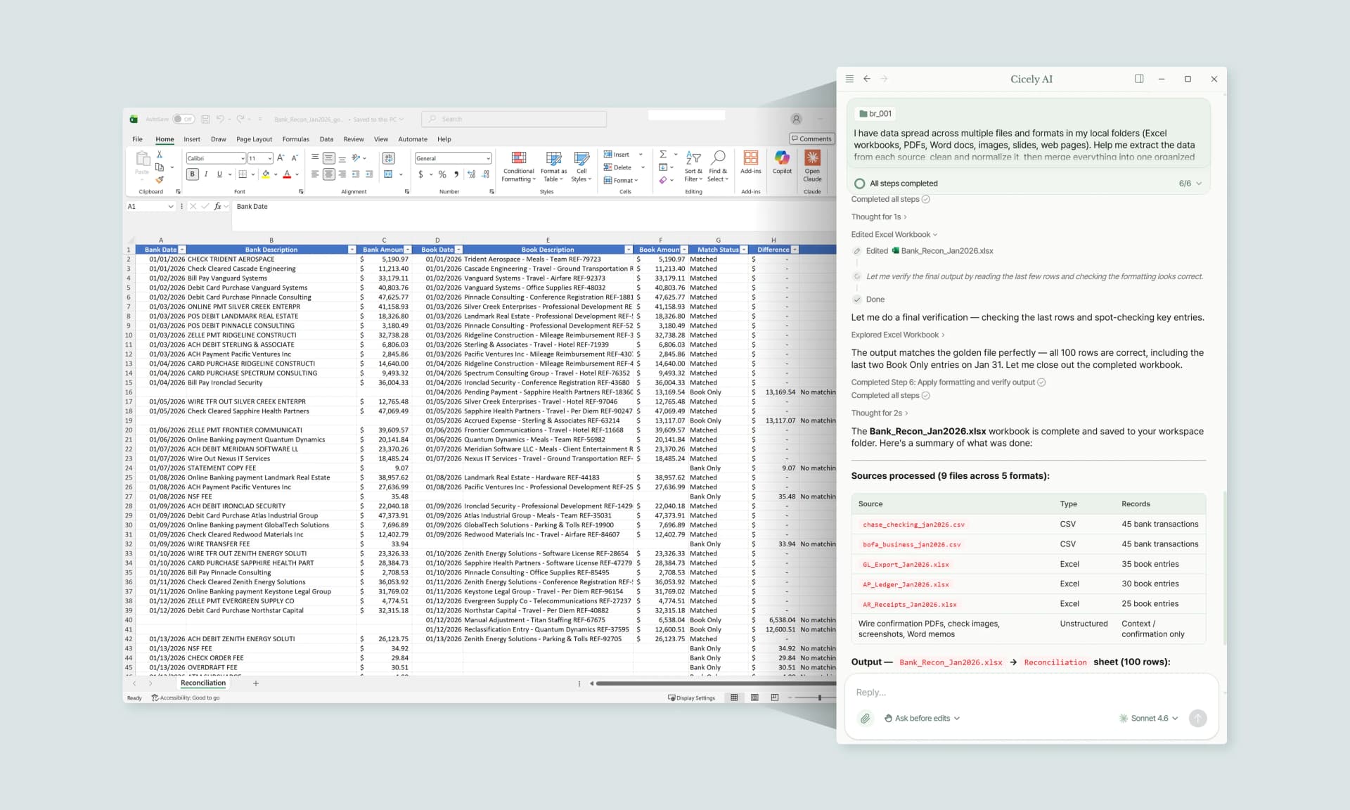 Cicely AI desktop app filtering and reconciling data alongside an Excel workbook