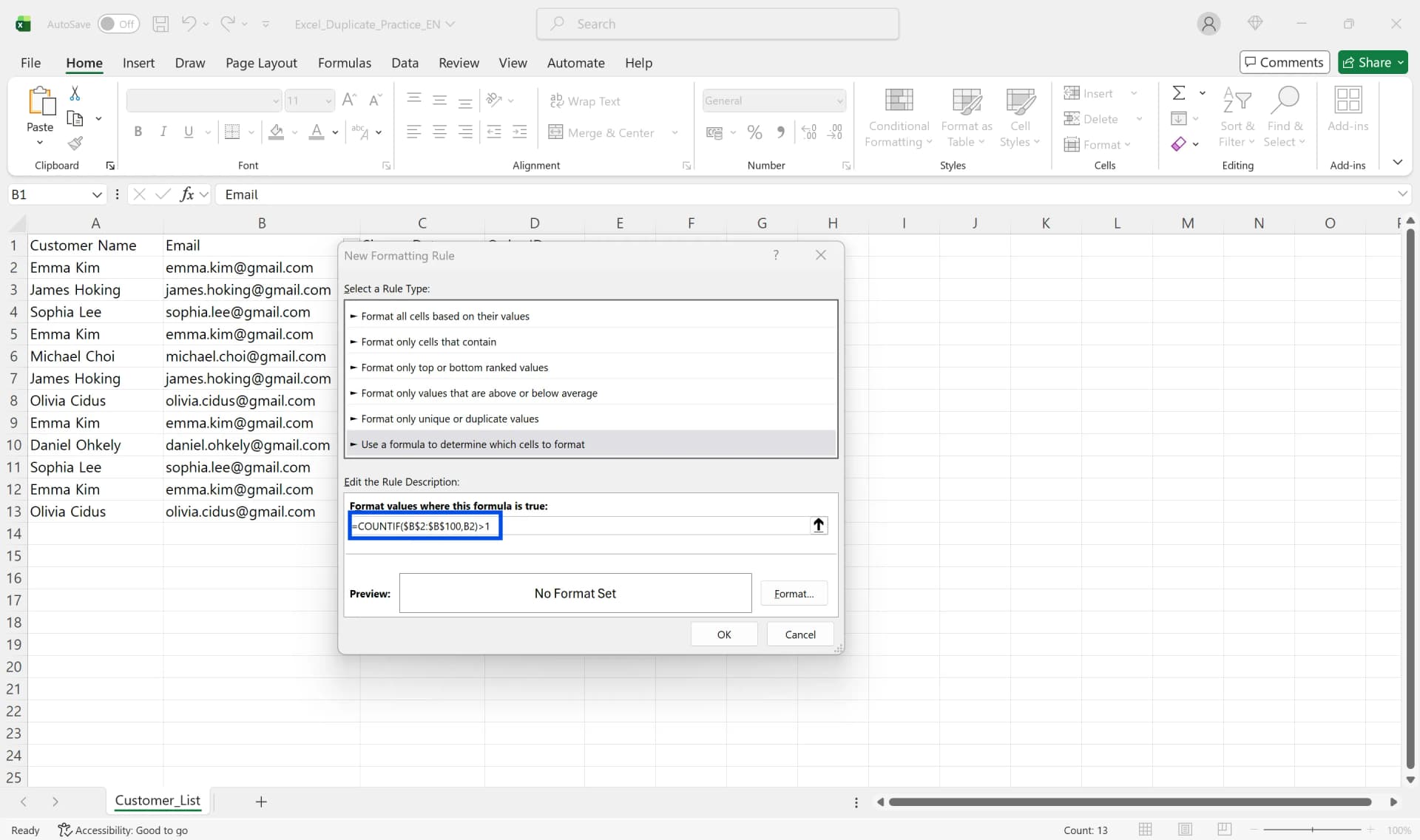 New Formatting Rule dialog with COUNTIF formula to highlight duplicate values in Excel