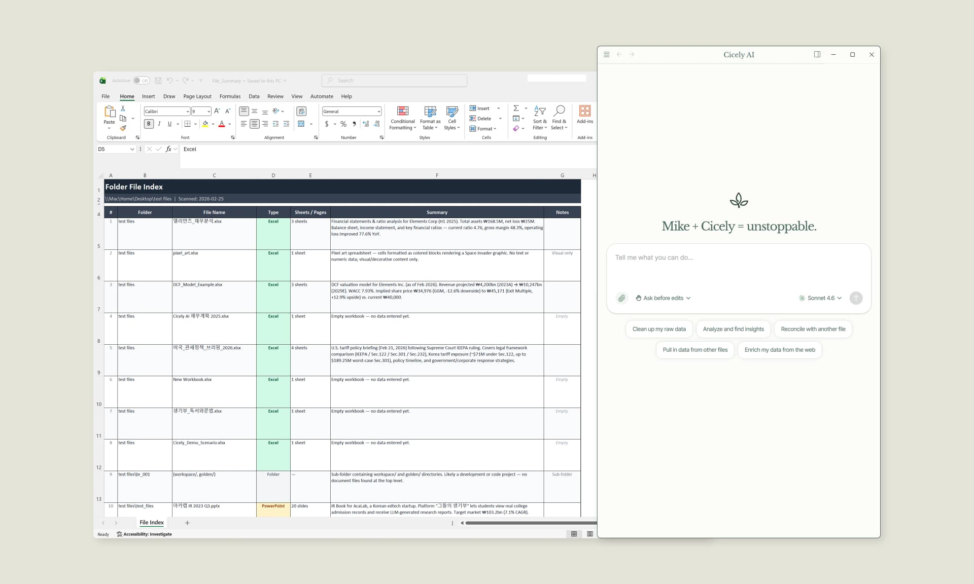 Cicely AI desktop app ready to work alongside an Excel workbook