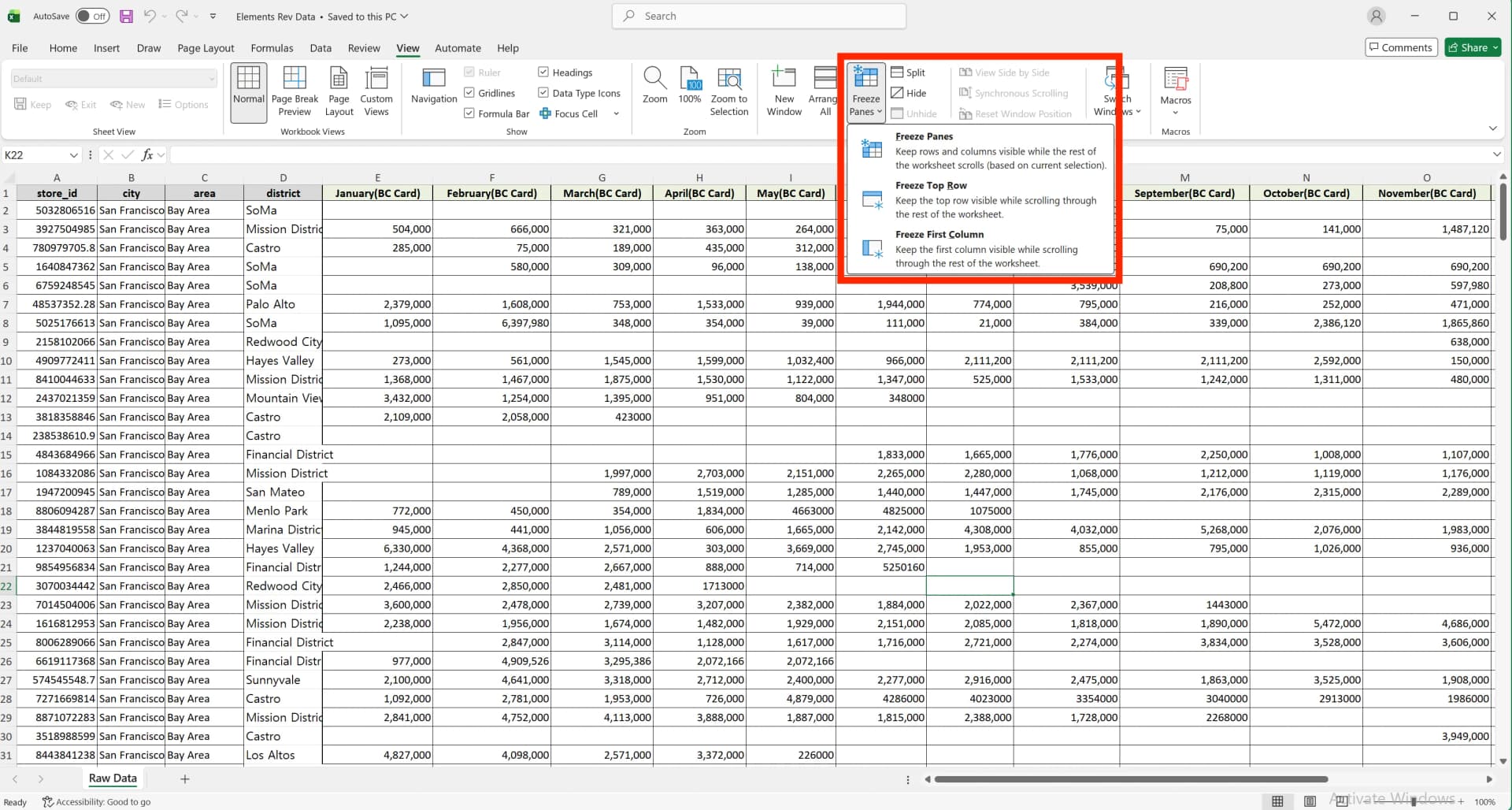 Excel View tab with Freeze Panes dropdown showing Freeze Top Row option