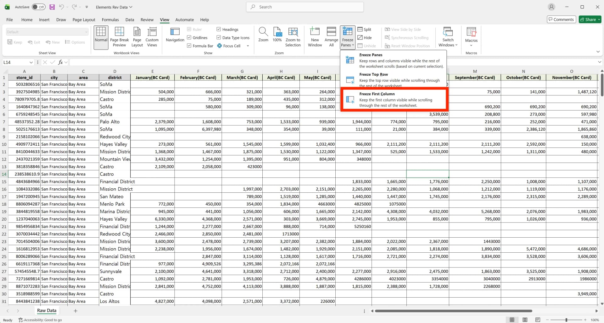 Freeze Panes dropdown in Excel with the Freeze First Column option highlighted