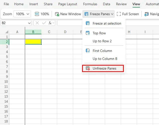 Freeze Panes menu showing available options to re-apply freeze after unfreezing