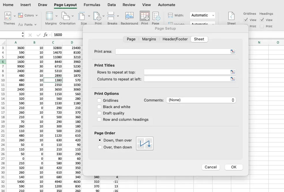 Page Setup dialog with Sheet tab showing Rows to repeat at top for print titles