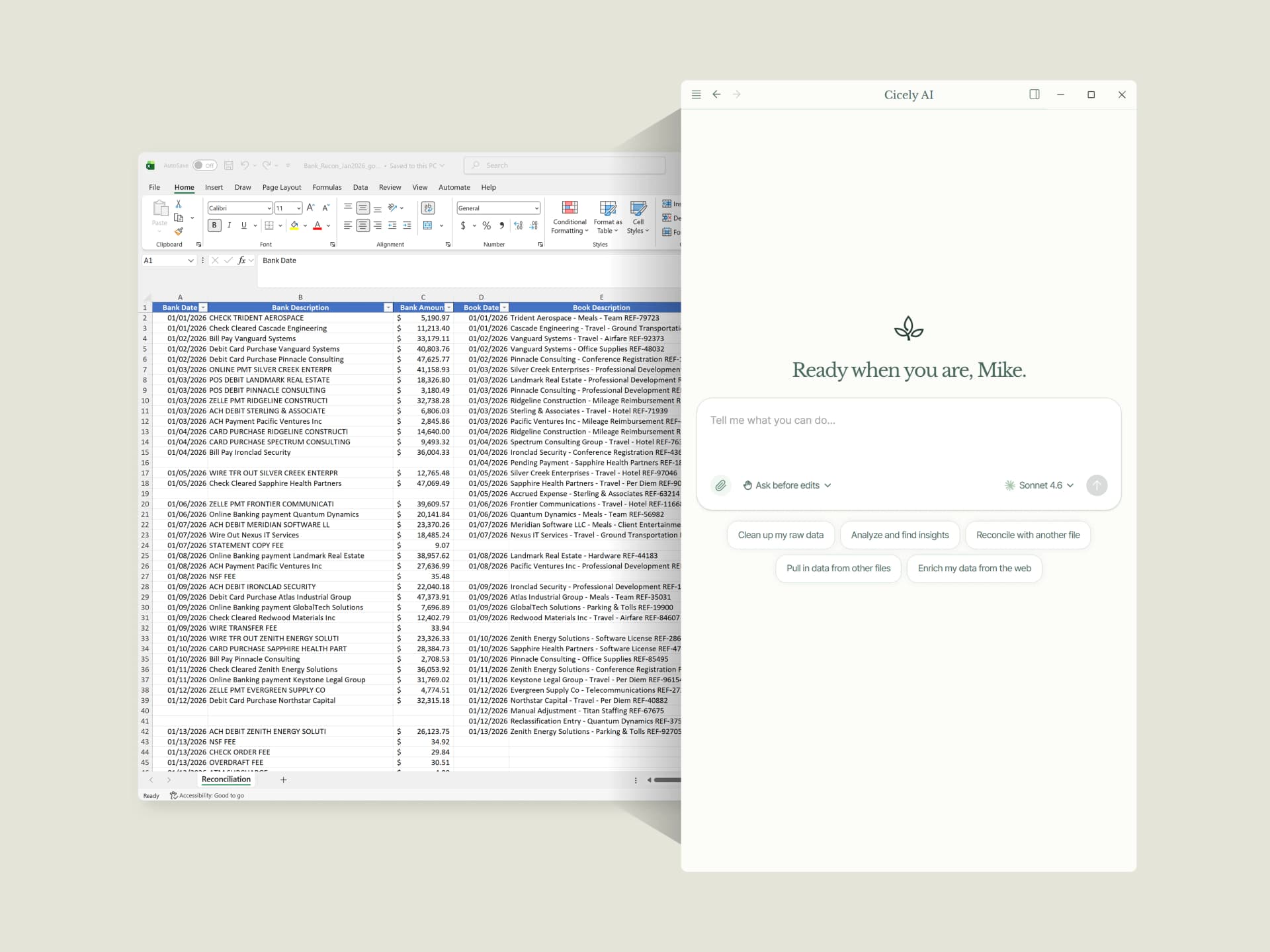 Cicely AI desktop app ready to assist with an Excel bank reconciliation spreadsheet