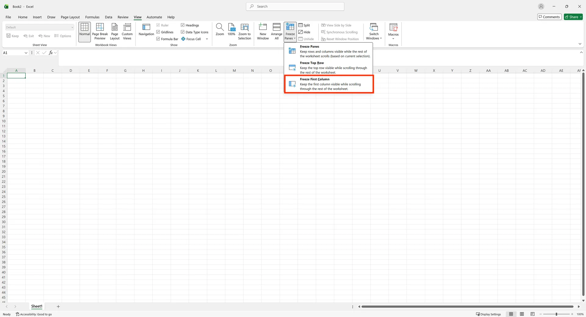 Excel Freeze Panes dropdown with Freeze First Column option highlighted
