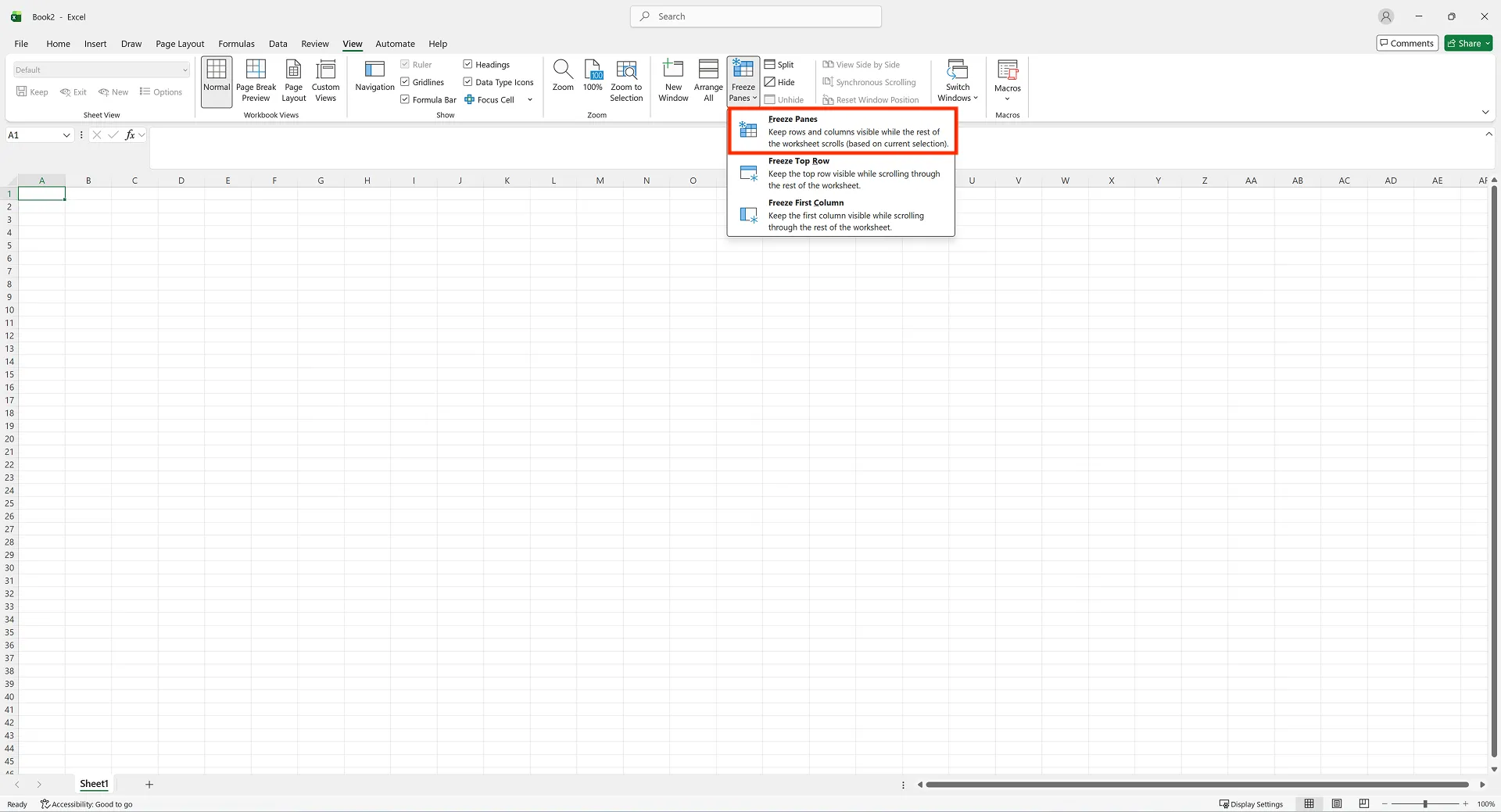 Excel Freeze Panes option selected to freeze multiple columns at once