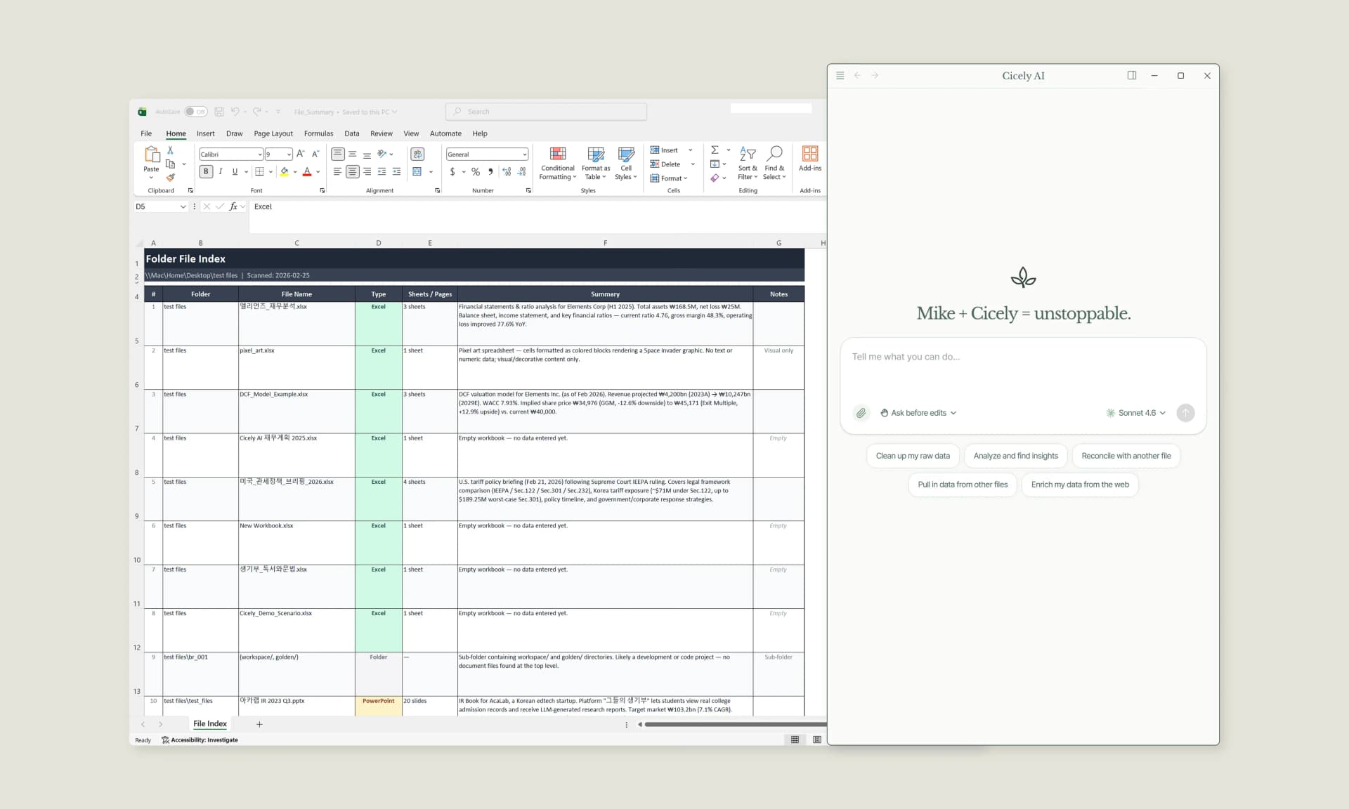 Cicely AI desktop app working alongside Excel to automate spreadsheet tasks
