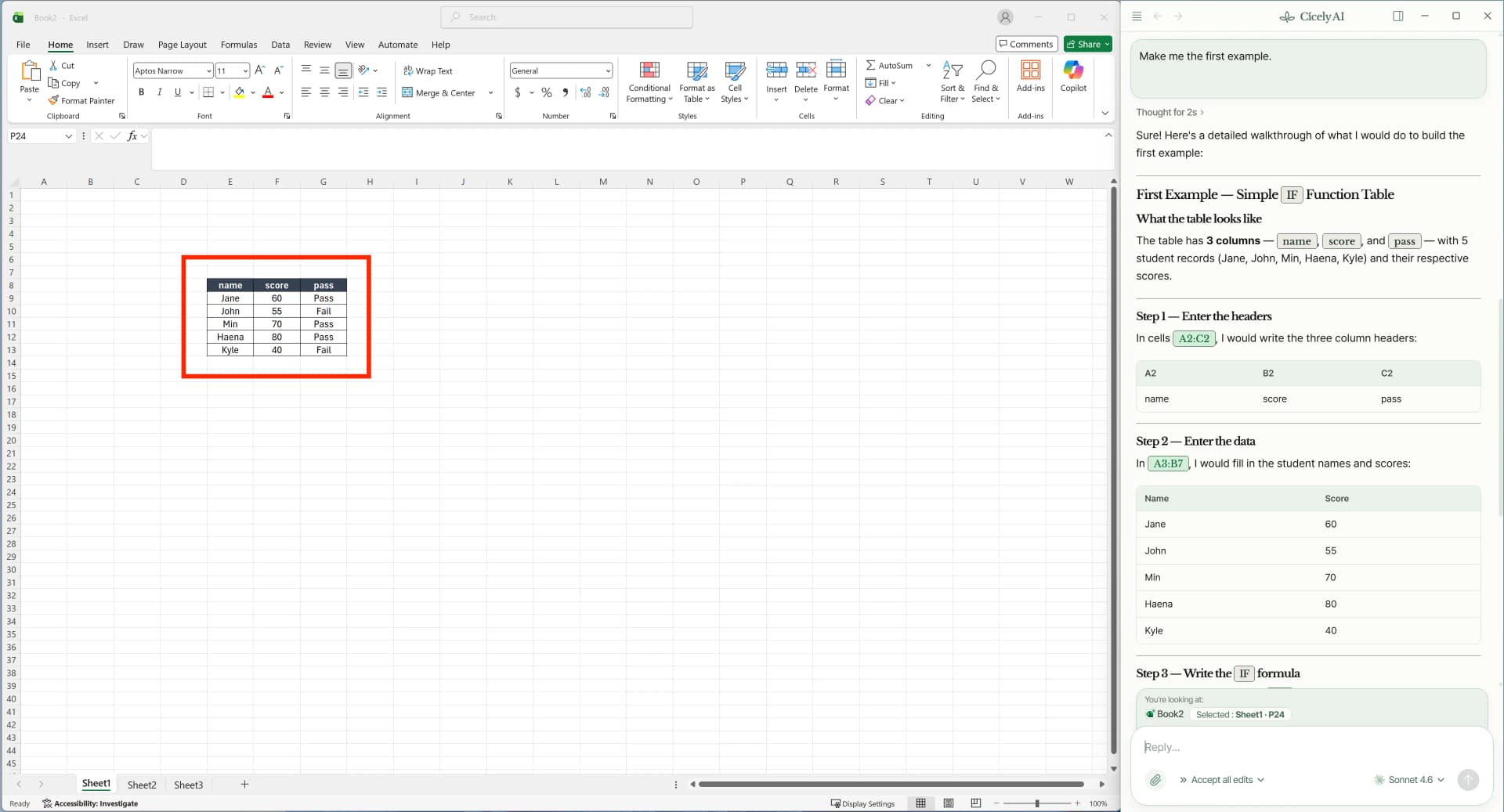 Excel IF function example showing Pass or Fail results based on student scores