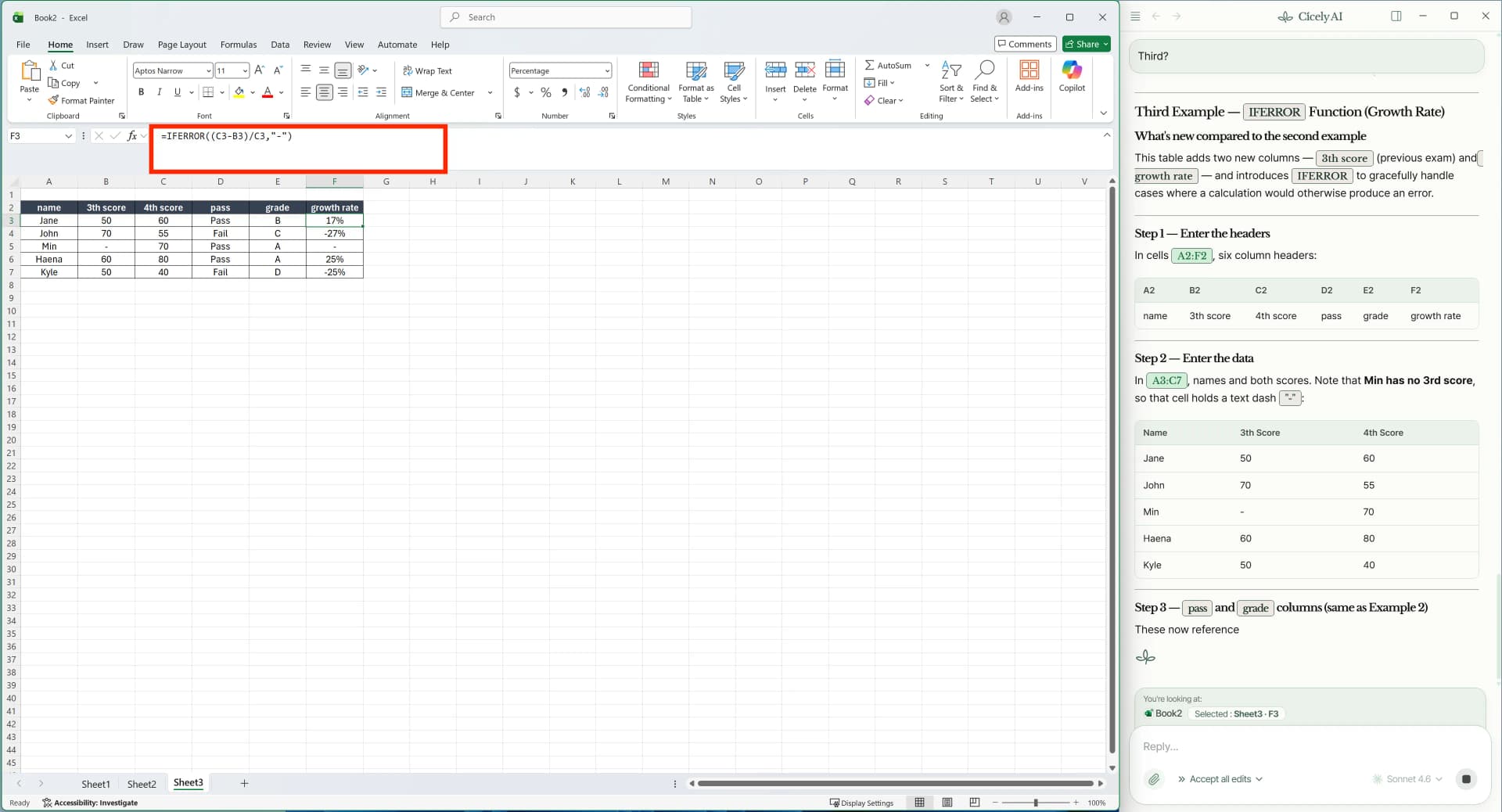 IFERROR function in Excel replacing division errors with a dash for clean output