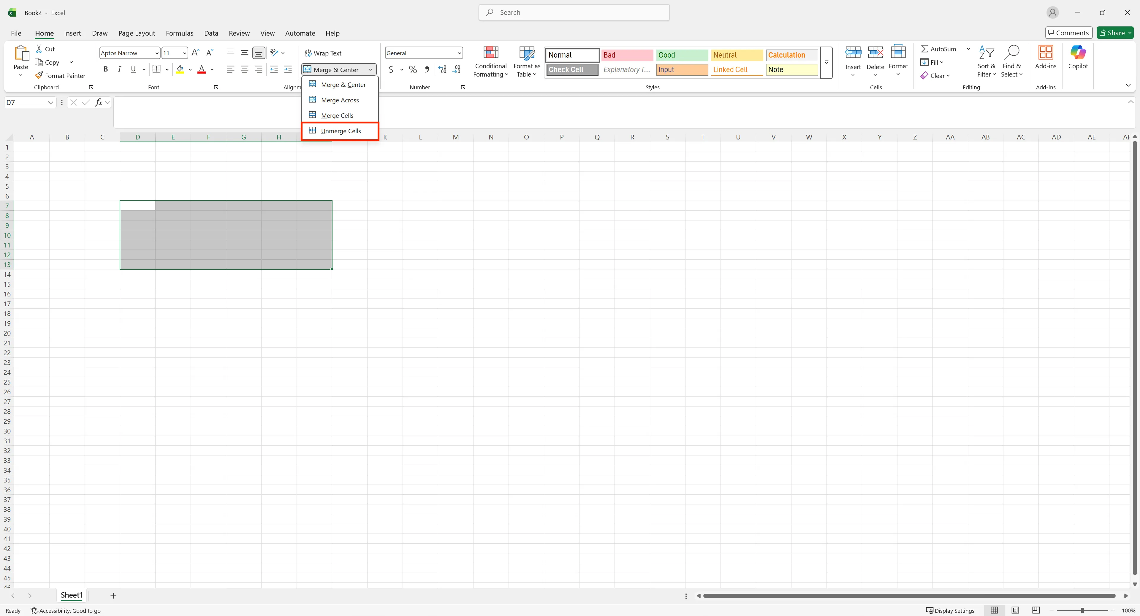 Excel Merge and Center dropdown with Unmerge Cells option highlighted