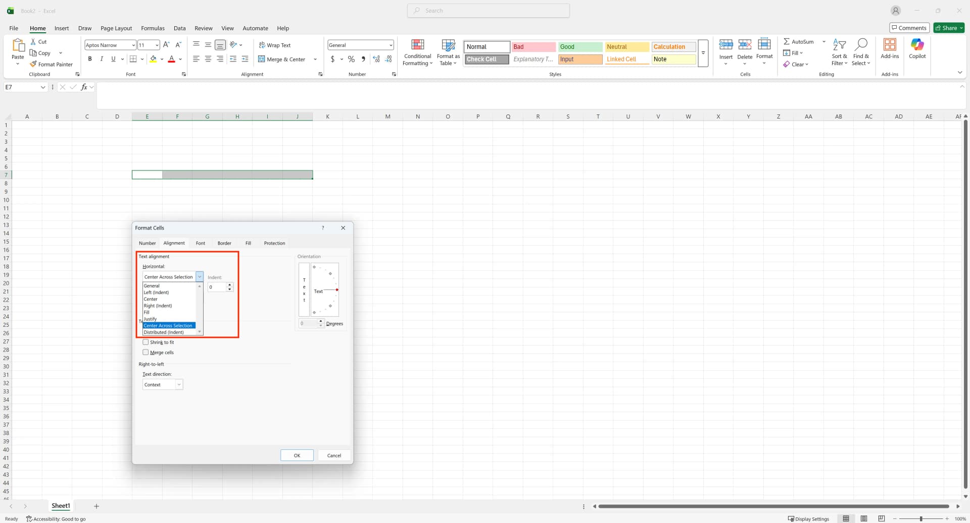 Format Cells dialog with Center Across Selection chosen as a safer alternative to merging