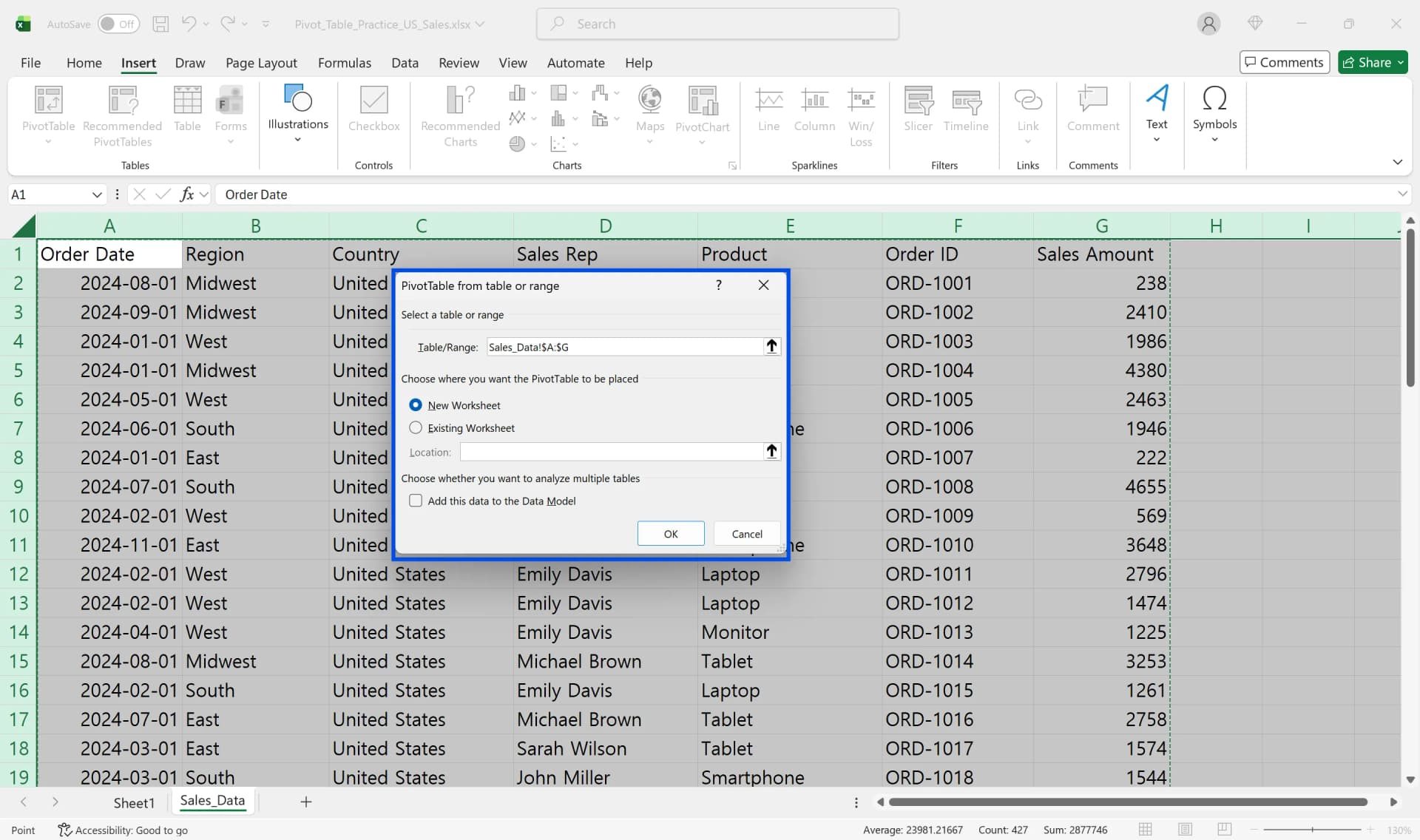 Insert PivotTable dialog selecting a data range with New Worksheet option