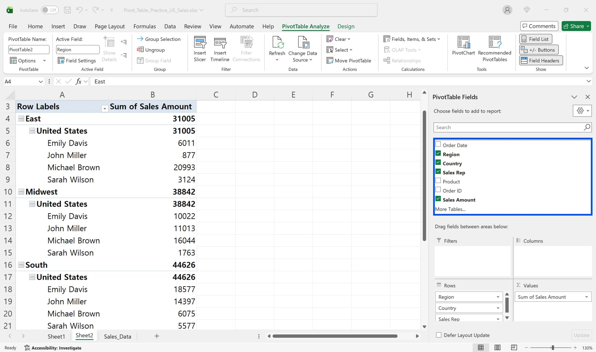 Pivot table showing Sum of Sales Amount by Region, Country, and Sales Rep