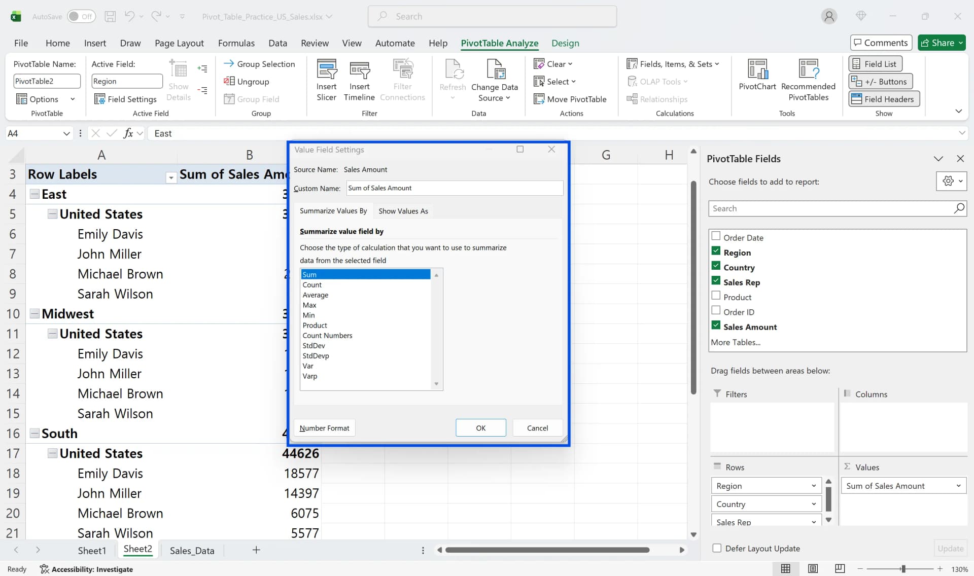 Value Field Settings dialog showing Sum selected among aggregation options like Count and Average