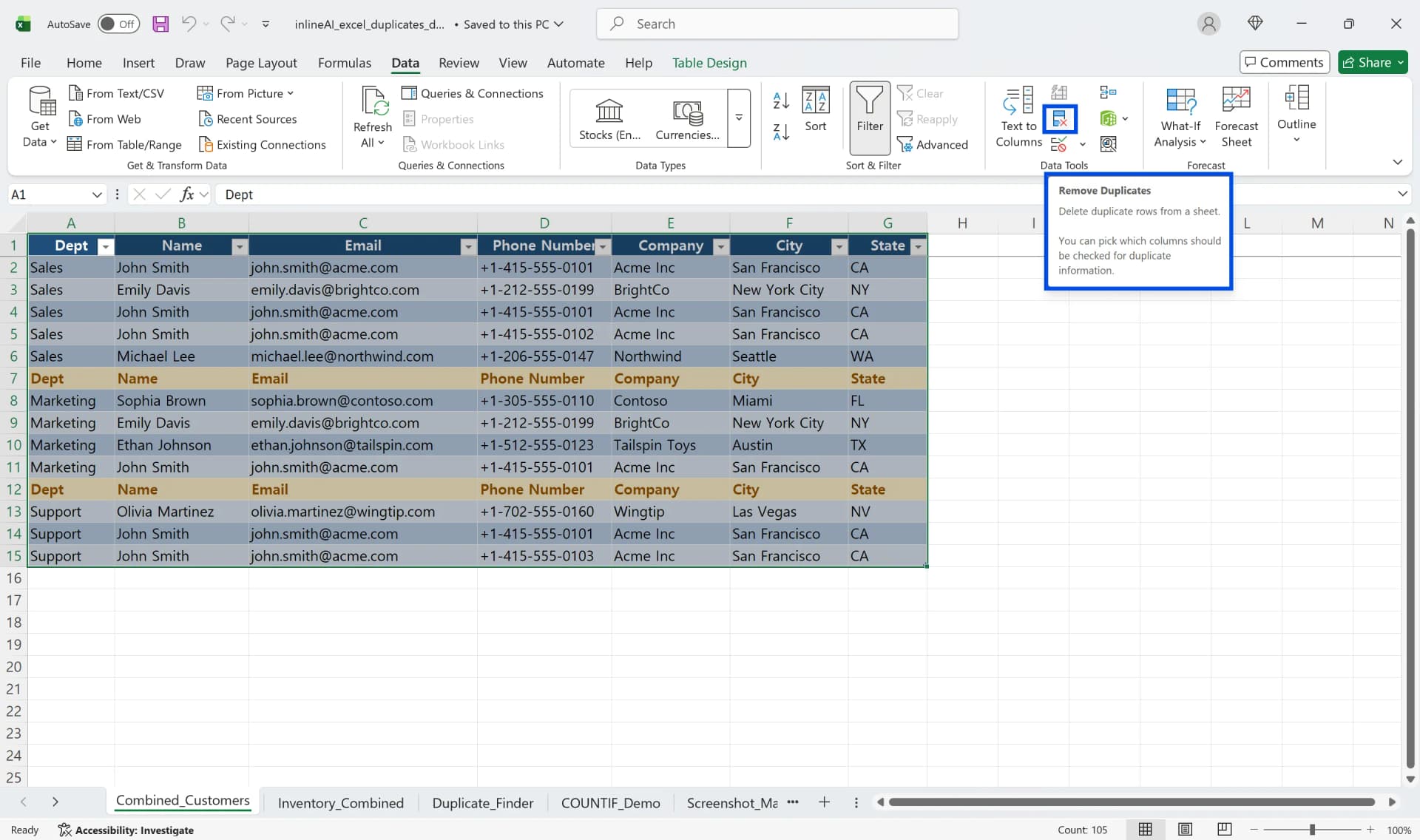 Excel Data tab showing Remove Duplicates button with a customer data table selected