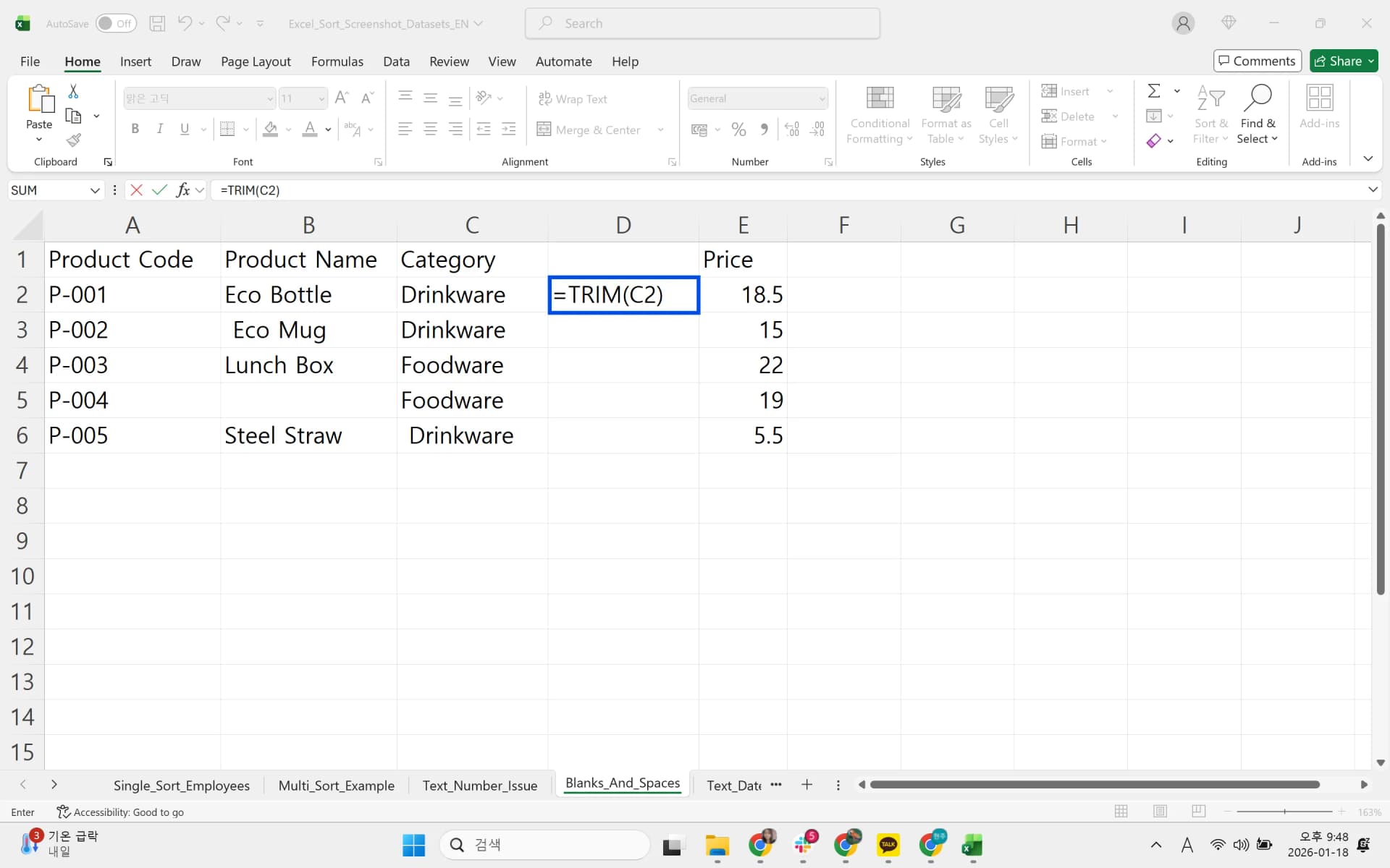 TRIM function entered in a cell to remove leading spaces from product category data