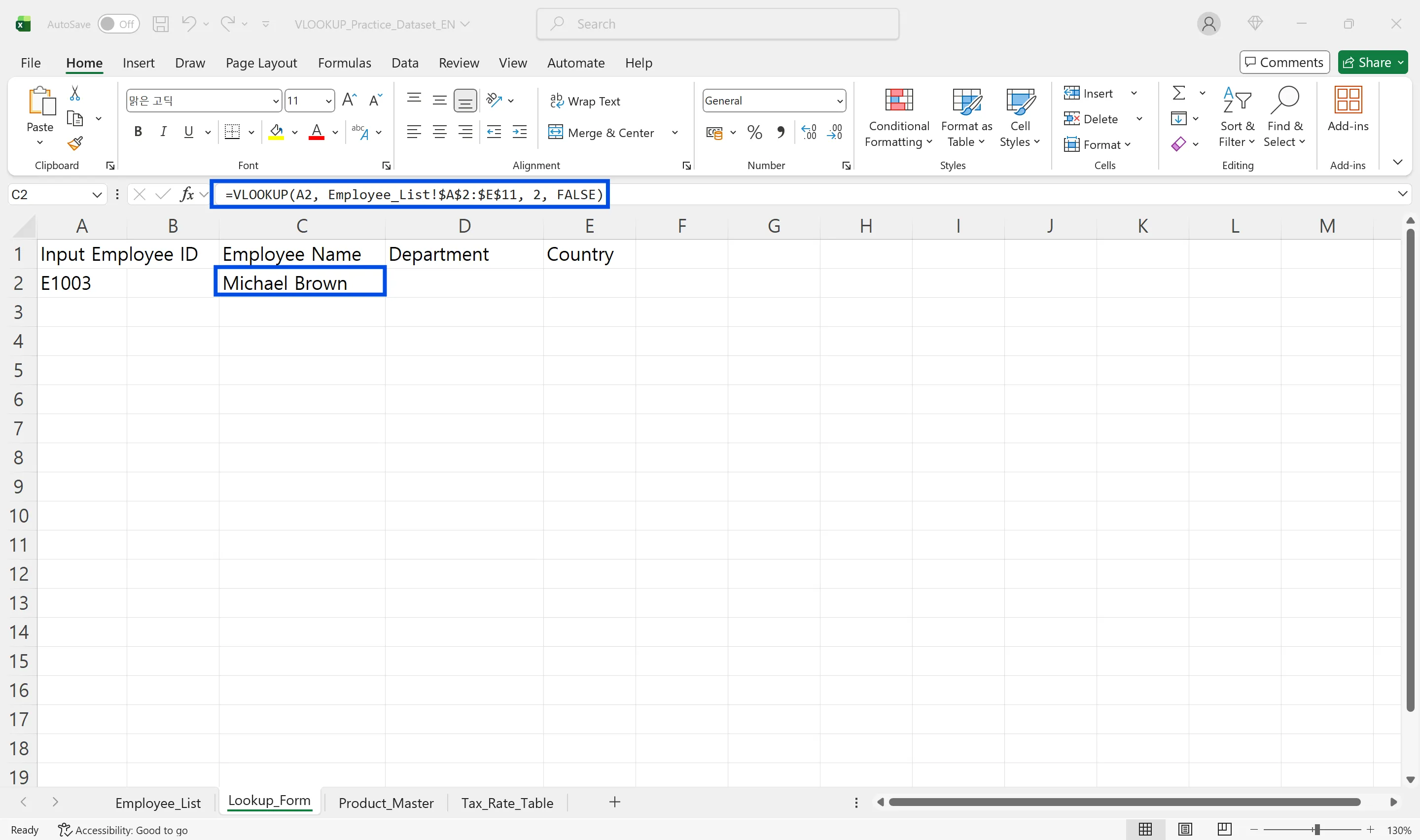 Excel VLOOKUP formula arguments with lookup value, table array, column index, and exact match